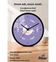 İsme Özel Mor Ay ve Bulutlar Çocuk Odası Duvar Saati Orta Boy 30 cm Siyah Camlı Sessiz