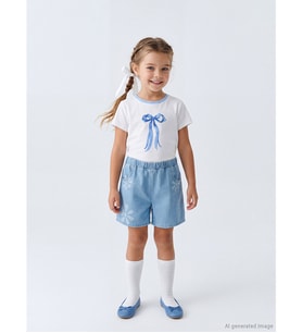 LCW Kids İndigo Beli Lastikli Çiçek Baskılı Kız Çocuk Jean Şort