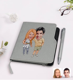 BK Gift Kişiye Özel Sevgililer Karikatürlü Gri Termo Deri Defter Kalem Seti-98