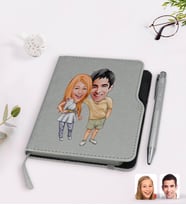 BK Gift Kişiye Özel Sevgililer Karikatürlü Gri Termo Deri Defter Kalem Seti-98