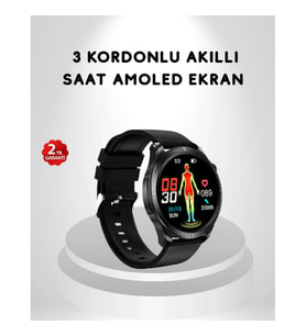 Mey İthalat® AMOLED Ekranlı Akıllı Saat – 3 Kordon Seçenekli, Suya Dayanıklı, Kalp Atış ve Uyku Taki