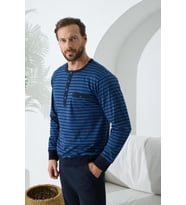 Kly 9246 Erkek Yaka Reçme Düğmeli Pijama Takım (İndigo)