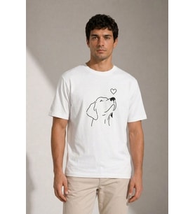 Erkek Köpek Figürlü Minimal Baskılı Tişört Kısa Kol Yazlık T-Shirt - Beyaz