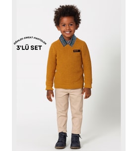 3'lü Set Hardal Triko Sweat & Pantolon & Gömlek Erkek Çocuk Takım