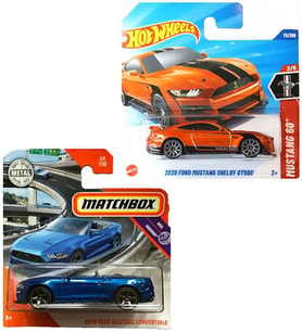 2 Araç Mustang Set - Hot Wheels 2020 Ford Mustang Shelby GT500 & Matchbox 2018 Ford Mustang Convertible (1/64)
