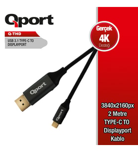 QPORT Q-THD 2metre TYPE-C - DP Çevirici Kablo Siyah 4K