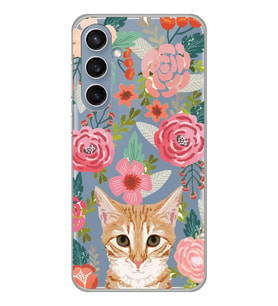 Samsung Galaxy S23 FE Uyumlu Kedi ve Çiçek Desenli Şeffaf Telefon Kılıfı