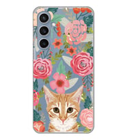 Samsung Galaxy S23 FE Uyumlu Kedi ve Çiçek Desenli Şeffaf Telefon Kılıfı