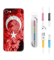 Apple iPhone 5 6 7 8 Plus Se XR Kılıf Kablo Koruma Spiral Silikon Şanlı Türk Bayrağı 3 1395
