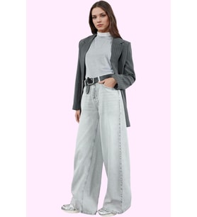 Kadın Pamuk Denim Palazzo Pantolon Yüksek Bel Uzun Boy Geniş Paça Yaz Aylarının Vazgeçilmezi (Gri)
