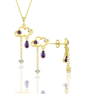 Gümüş altın yaldızlı ametis ve zirkon taşlı bulut kolye ve küpe ikili set SGTL12354GOLD (Rose)