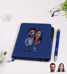 BK Gift Kişiye Özel Sevgililer Karikatürlü Lacivert Termo Deri Defter Kalem Seti-105