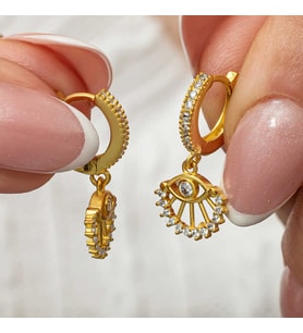 Göz Figürlü Gold Kaplama 925 Ayar Gümüş Sallantılı Küpe