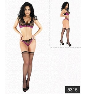Arias Closet Saten Dantelli Fantazi Çorap Sütyen Tanga Set