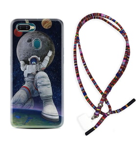 Oppo A5S A15 A16 A54 A55 A73 A74 Kılıf Boyun Asklı Rasta Silikon Astronot ve Dünya 1759