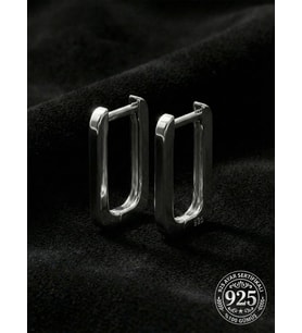 925 Ayar Gümüş Rodyum Kaplama Dikdörtgen Huggie Halka Küpe - Büyük Boy (2mm En)