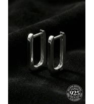 925 Ayar Gümüş Rodyum Kaplama Dikdörtgen Huggie Halka Küpe - Büyük Boy (2mm En)