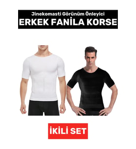 Jinekomasti Dik Duruş Düzeltici Göbek Sıkılaştırıcı Elastik Erkek Fanila Korse Siyah-Beyaz İkili Set (Siyah Beyaz)