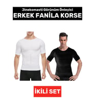 Jinekomasti Dik Duruş Düzeltici Göbek Sıkılaştırıcı Elastik Erkek Fanila Korse Siyah-Beyaz İkili Set (Siyah Beyaz)
