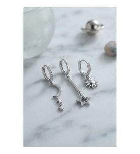 Mey İthalat® 3 lü Set Ay Yıldız ve Güneş Model Gümüş Renk Kadın Küpe