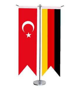 Masa Üstü Kırlangıç Almanya + Türk Bayrağı + Krom T Direk Masa Bayrak Seti