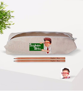Çocuklara Özel Erkek Öğrenci Karikatürlü Keten Okul Kalemliği ve İsimli Ahşap Kurşun Kalem Hediye Seti-1
