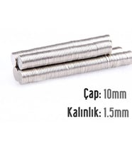 Neodyum Mıknatıs Silindir Çap 10mm , Kalınlık 1.5mm   ( 10 Adet) (Metal)