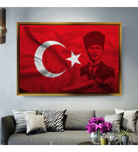 Tablore Kalpaklı Atatürk Portresi Ve Türk Bayrağı Kanvas Tablo Ofis Ve Salon Duvar Dekoru
