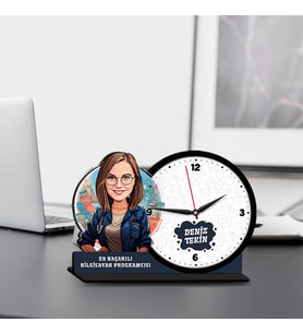 Kadın Bilgisayar Programcısına Hediye Karikatürlü MDF Masa Saati