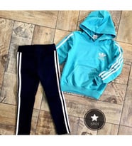 MODAVALS ADIDAS NAKIŞLI KAPİŞONLU KANGURU CEPLİ TAYTLI KIZ ÇOCUK EŞOFMAN TAKIMI - TURKUAZ