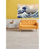 Beyaz Katsushika Hokusai Dalga Serisi Leke Tutmaz Kadife Kumaş Duvar Örtüsü Duvar Halısı Tapestry (Beyaz-Somon)