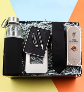 Kişiye Özel 32 gb Usb Siyah Kalem & Siyah Kravat & Özel Kılıflı 500 Ml Su Matarası & Rebul Kolonya Hediye Seti