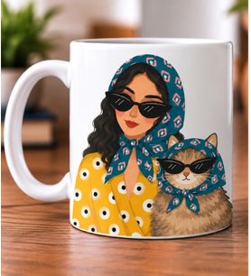 Puantiyeli Eşarplı Kadın ve Kedi Desenli Sevdiklerinize Hediye Porselen Kupa Bardak
