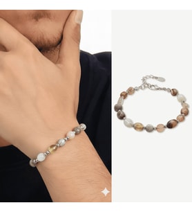 Gümüş Renk Metal Zincirli Dorika Top Süslemeli Amorf Madagaskar Akik Doğaltaş Erkek Bileklik
