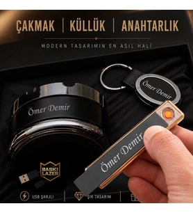 Kişiye Özel Şarjlı Çakmak Küllük Anahtarlık Hediye Seti - Babaya Sevgiliye Eşe Arkadaşa Lüks Hediye Seti
