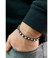 Silver Renk Hematit Makreme Örgü İpli Unisex Bileklik (Gümüş)
