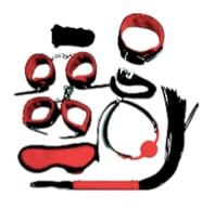 Fantezi Kelepçe-Kırbaç-Maske-Tasma 8 Parça Zincirli Kırmızı-Siyah Deri Set