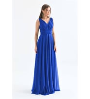 Neşeli butik kadın saks mavisi v yaka simli tül abiye elbise NBS9223