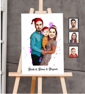 Kişiye Özel Yılbaşı Aile Karikatürlü Kanvas Tablo 20x30 Model-1