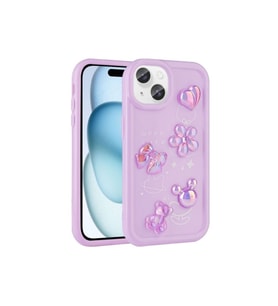Apple iPhone 15 Plus Uyumlu Kılıf Kabartma Figürlü Parlak Zore Toys Silikon Kapak (Mor)