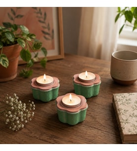 El Yapımı Nil Yeşili Dekoratif Mumluk Seti 3'lü Dokulu Alçı Tealight Mumluk Ev Dekorasyonu Ev Hediyesi