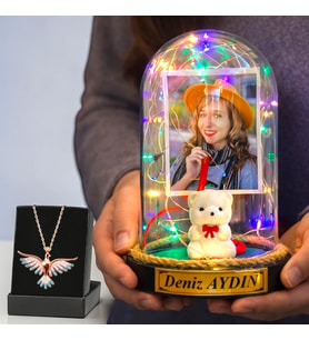 Size Özel Renkli Led Işıklı Beyaz Ayıcıklı Fanus ve Renkli Anka Kuşu Kolye