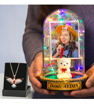 Size Özel Renkli Led Işıklı Beyaz Ayıcıklı Fanus ve Renkli Anka Kuşu Kolye