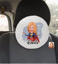 BK Gift Kişiye Özel İsimli Süper Girl Karikatürlü Yuvarlak Araç Koltuk Yastığı-1