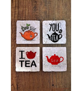 Doğal Taş Bardak Altlığı 10x10x1cm 4'lü Set - Çay Temalı Baskılı Stone Coasters