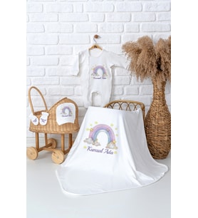 Pia Baby Premium  %100 Pamuk İsme Özel Kız Bebek Battaniye Tulum Hastane Çıkışı Hediye Seti 5075-05 (Ekru)