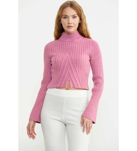 Yarım Balıkçı Crop Triko Kazak - Pembe