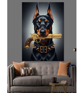 Altın Tabancalı Doberman Köpek Dekoratif Kanvas - Mdf Ahşap Tablo