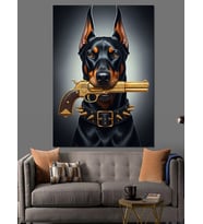 Altın Tabancalı Doberman Köpek Dekoratif Kanvas - Mdf Ahşap Tablo