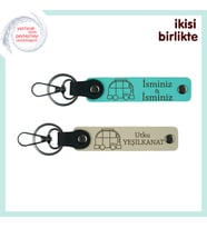 Yolda Olmanın Huzurunu Simgeler, Karavanlı Kişisel Deri Anahtarlık Set, İsim Yazılı, Turkuaz-S Kahve